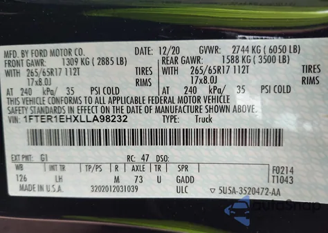 2020 Ford Ranger Xlt z USA, uszkodzony, nr VIN 1FTER1EHXLLA98232